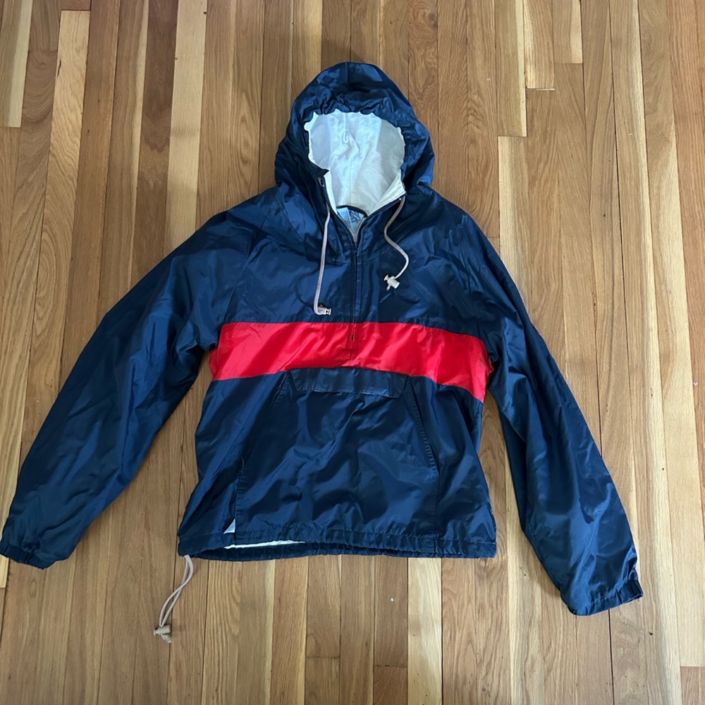 Used Women’s Blue and Red jacket with hood with drawstring, front pocket Size LG